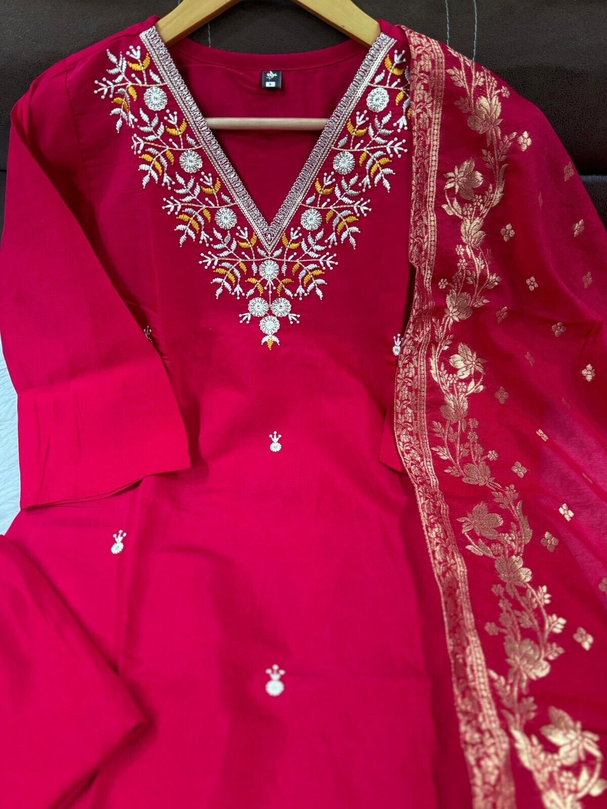Red Viscose Chanderi Anarkali Salwar Kameez Set with Embroidered Work
