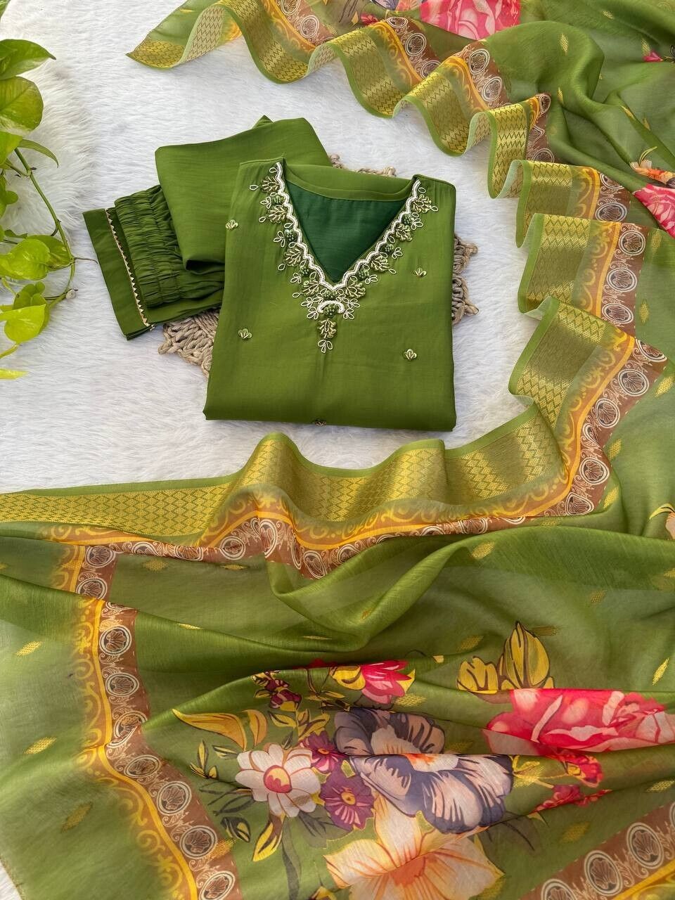 Roman Silk Kurti Pant Dupatta Set – Handwork Detailing Salwar kameez Jacquard