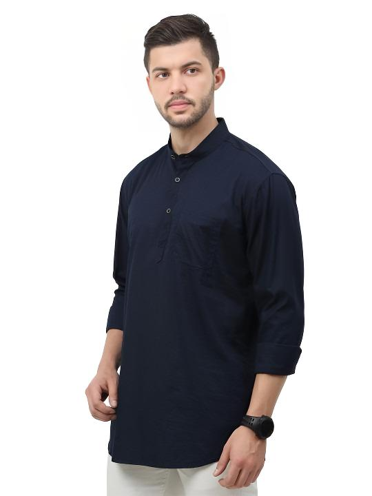 Cotton High Quality Men’s Short Shirt  Kurta Party Wear Solid Navy Blue