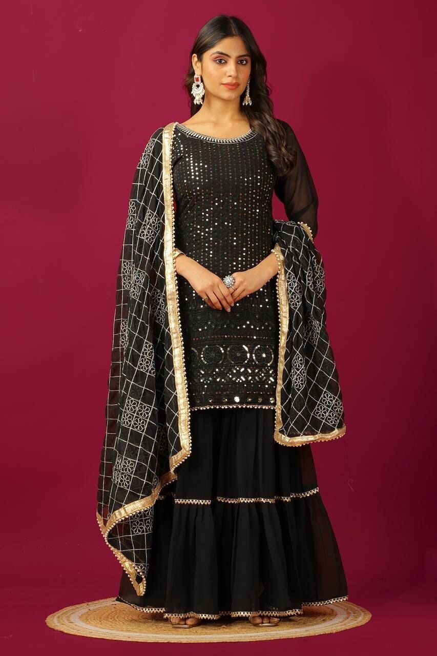 Designer Black Faux Georgette Suit  with Sharara  Readymade Embroidred
