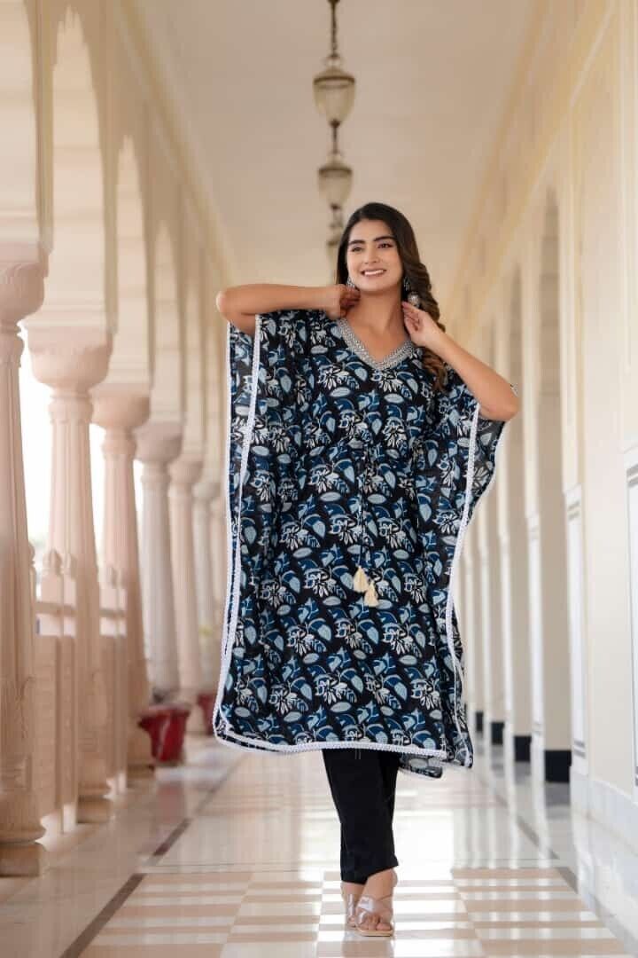 2 pcs Kaftan Style Set – Cotton with Embroidery, Lace Work & Tassel Detailing