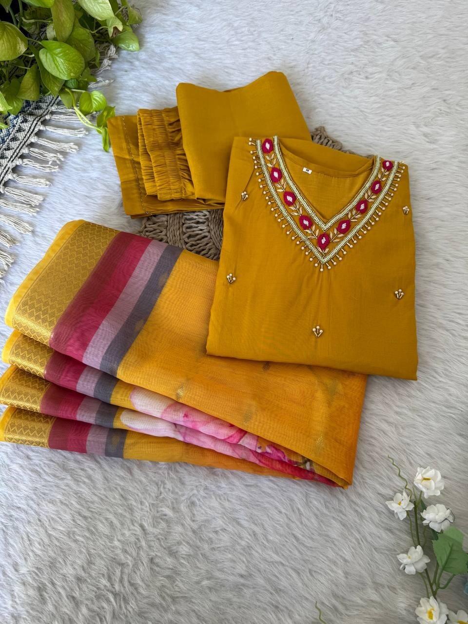 Roman Silk Kurti Pant Dupatta Set – Handwork Detailing Salwar kameez Jacquard