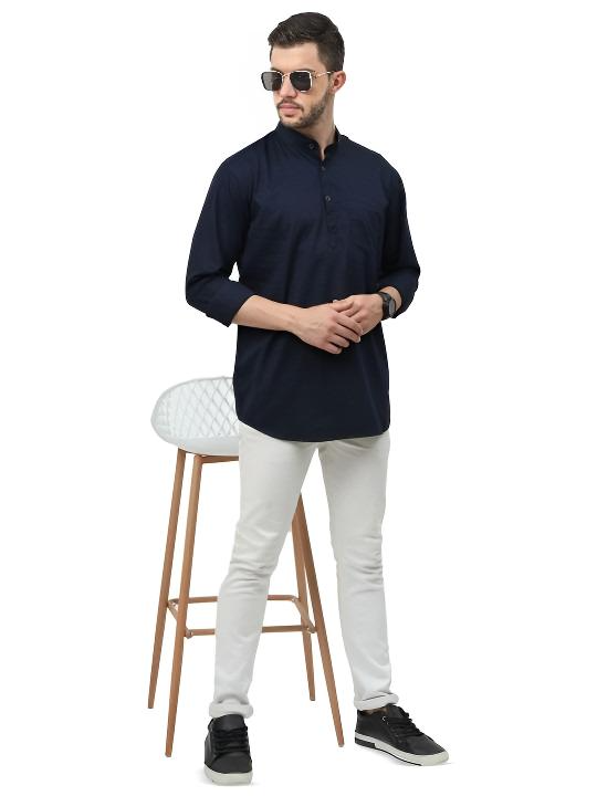 Cotton High Quality Men’s Short Shirt  Kurta Party Wear Solid Navy Blue