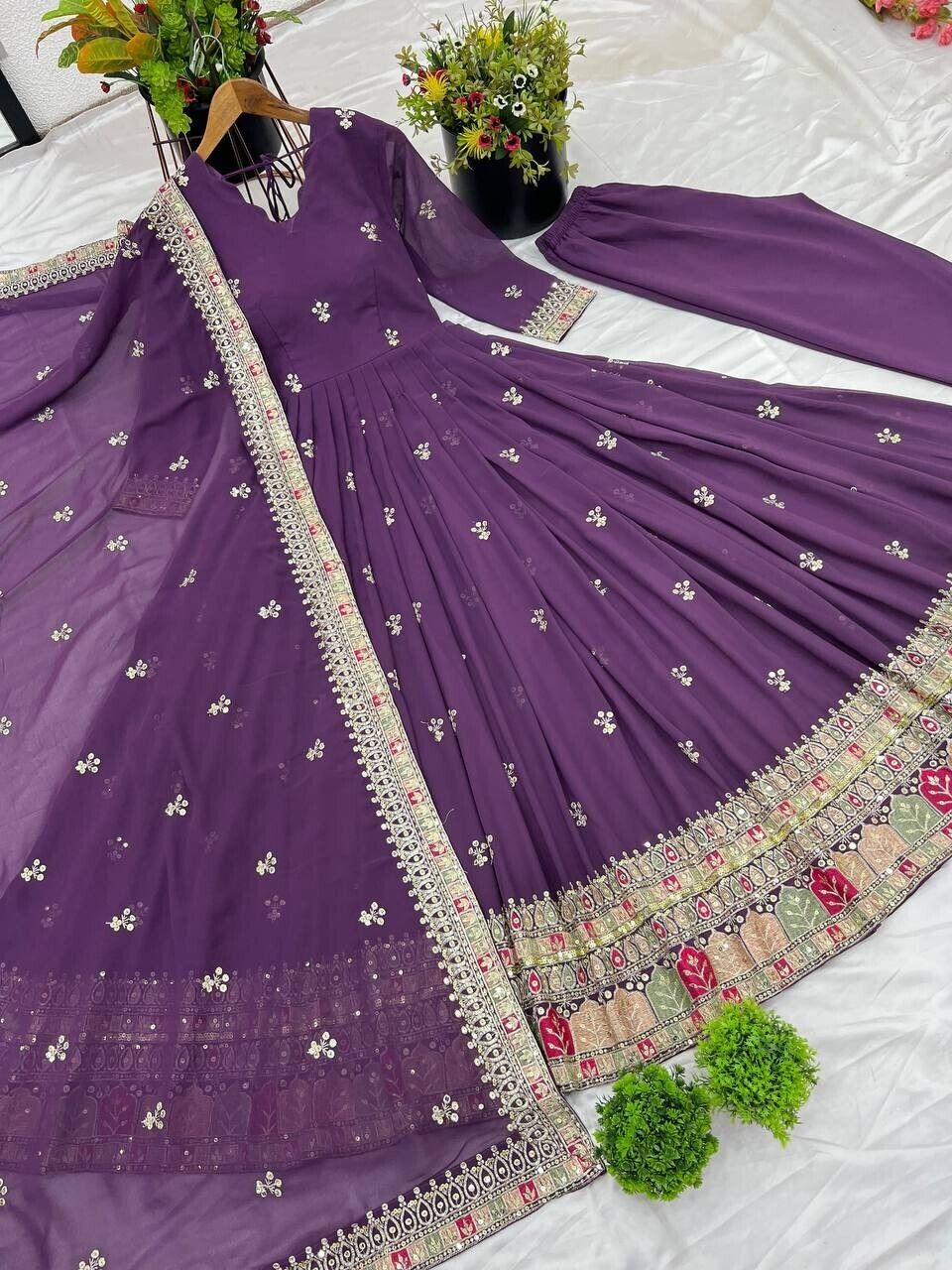 Georgette Pakistani Anarkali Gown Salwar Kameez Set with Embroidered Net