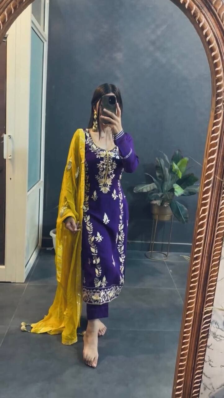 Chinnon Silk  Salwar Kameez Pakistani Dress Ready To Wear Suits Indian Embroided