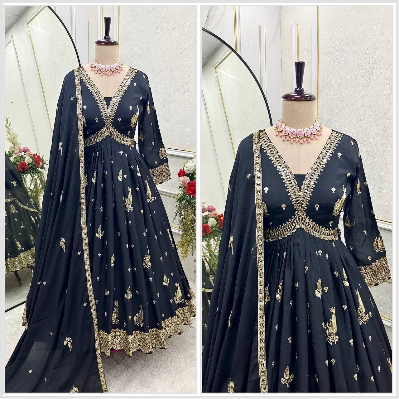 Chinnon Silk Flared Anarkali Gown pant Dupatta Indian Dress designer Stitched