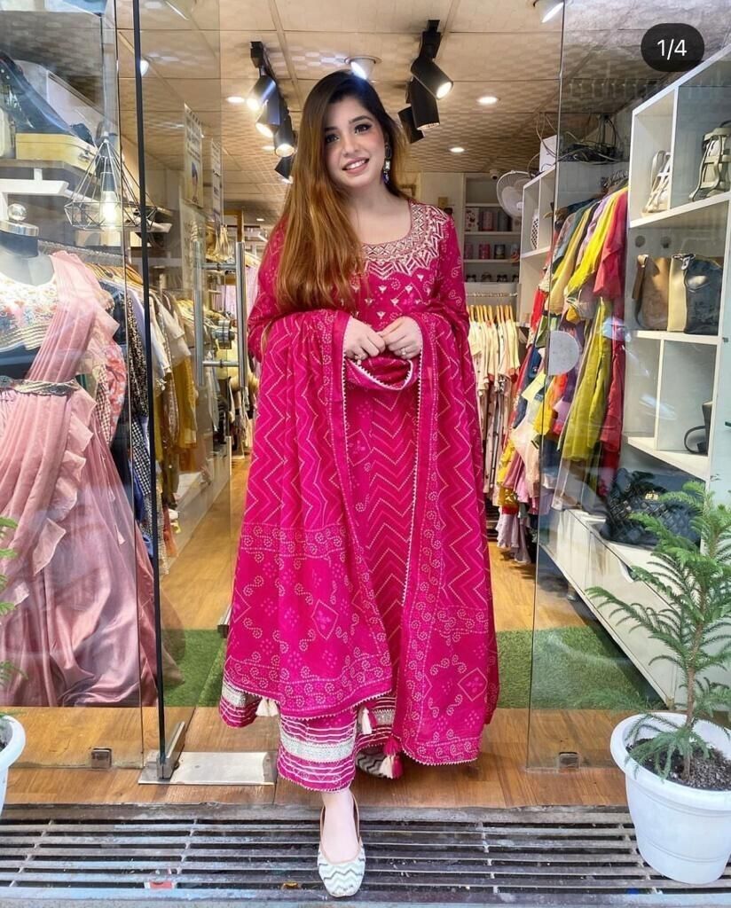 Women’s Pink Cotton Anarkali Gown suit Kurta – Floral Printed Flared Long Dress