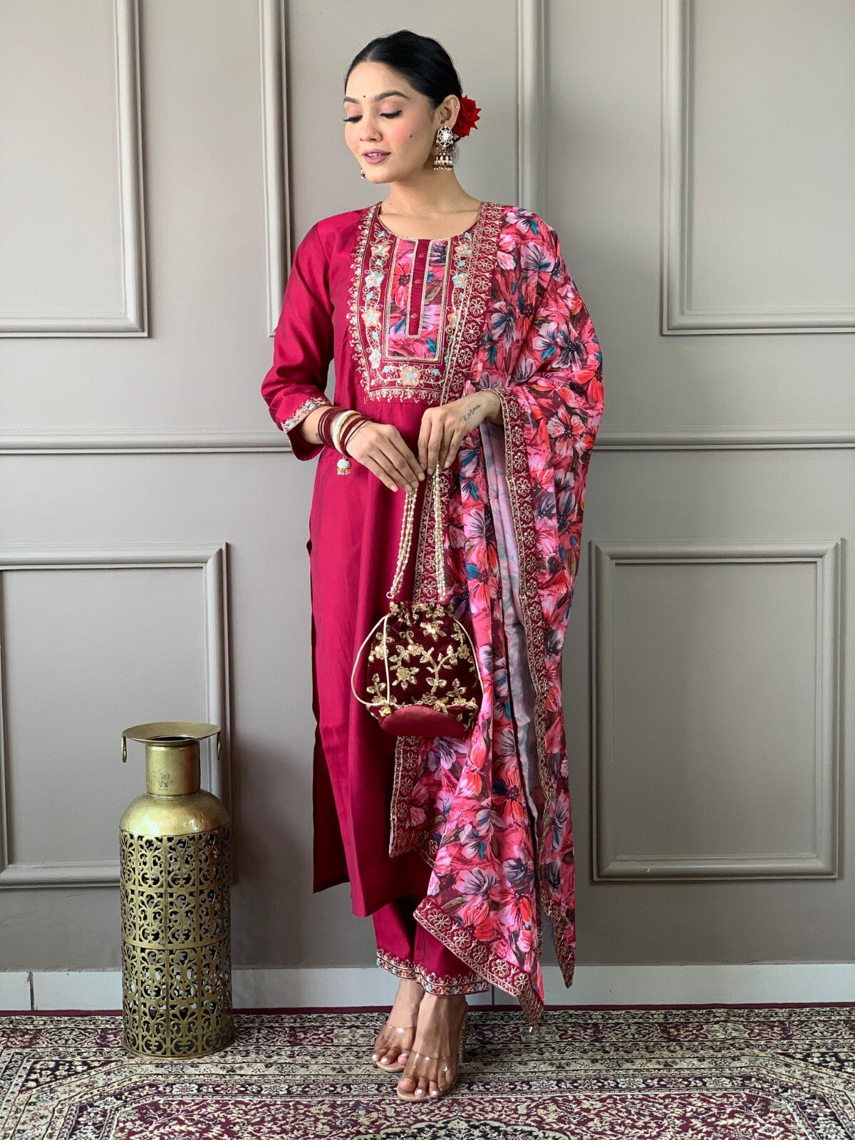 Women straight suit Elegant Viscose Silk Salwar Kameez Set readymade suit