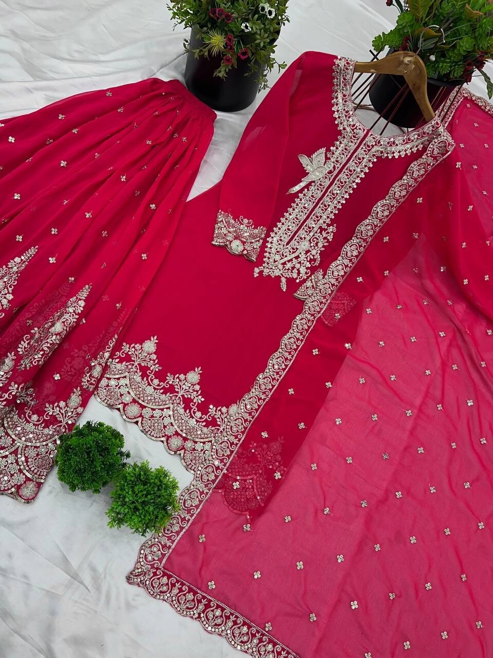 Pink Pakistani Sharara Dress with Embroidered Sequins in Faux Georgette Readymad