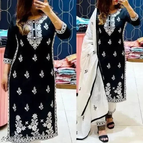 Embroided Cotton Straight kurta Salwar Kameez Suit Set Fabric pant duppatta