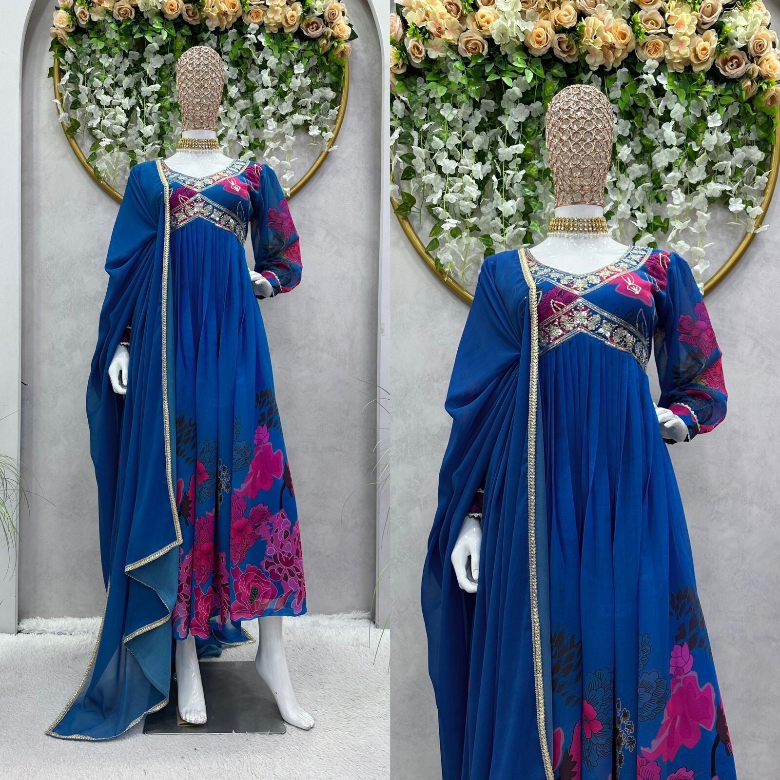 Designer Floral Faux Georgette Anarkali gown Flared Sleeves  Ready-to-Wear