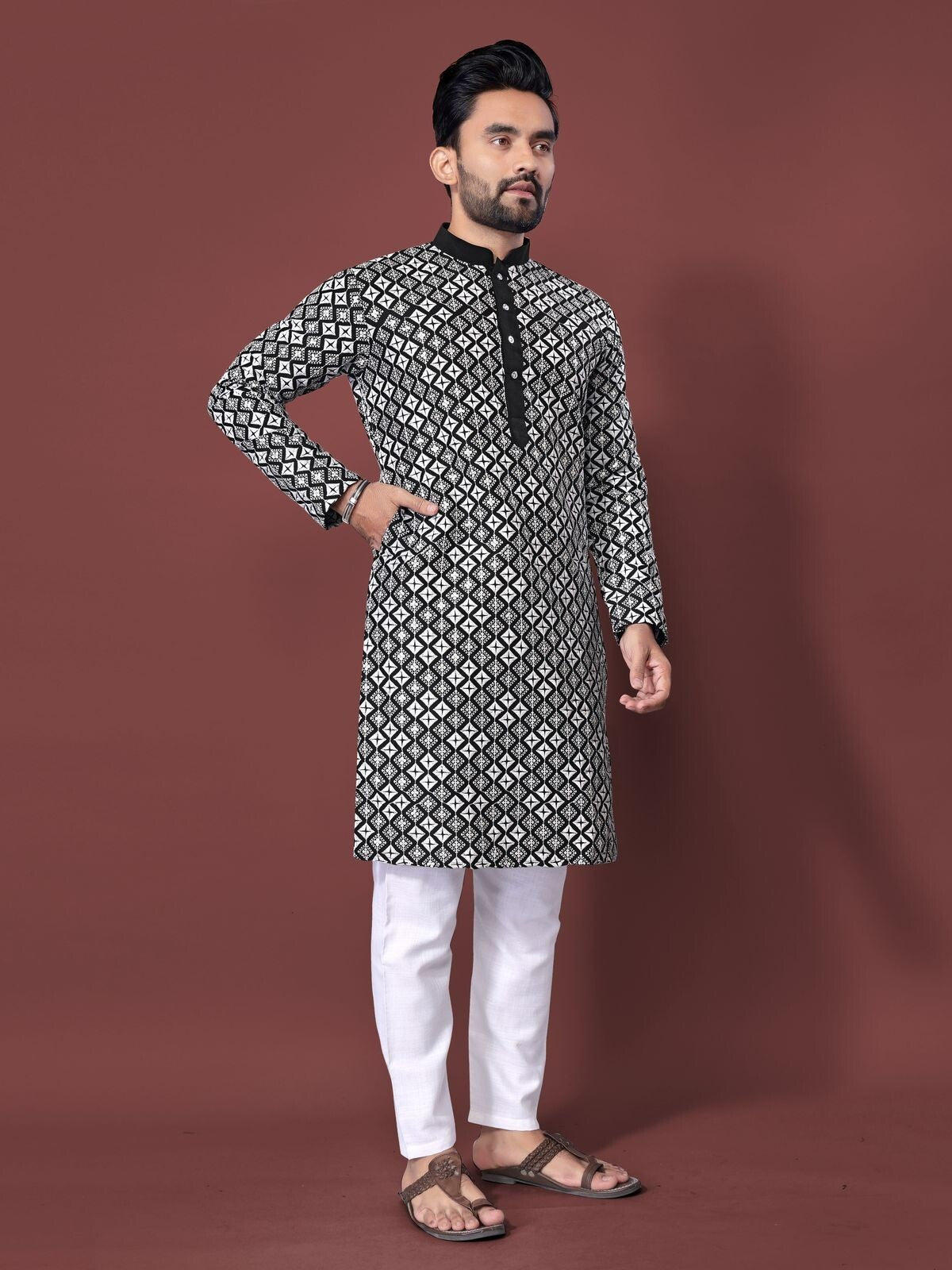 Traditional Men's Wedding Kurta Long Embroidery & Cotton Pajama - Silk Bandhani
