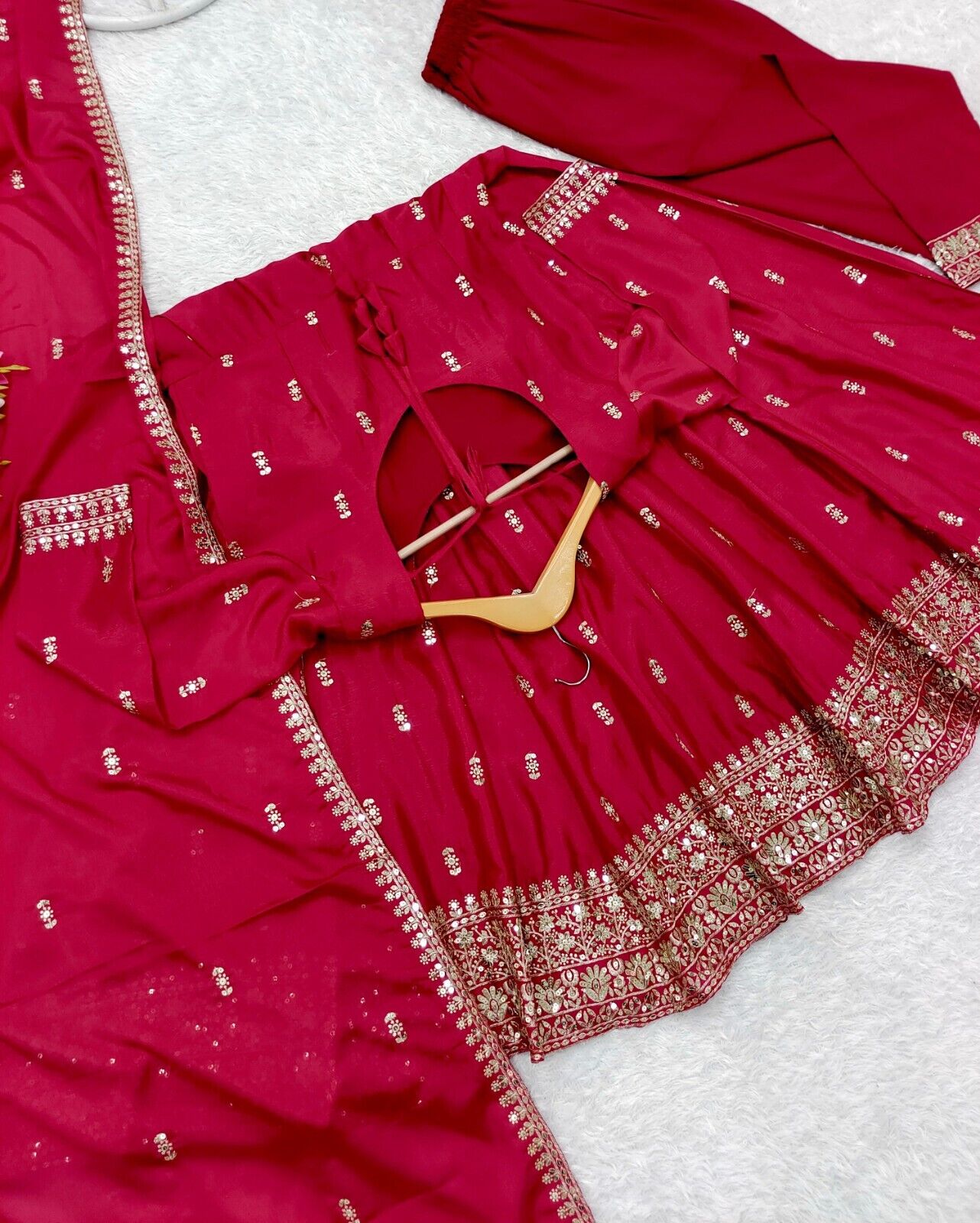 Chinon silk red Flared Anarkali Gown , Full Length Suit With Pant duppatta