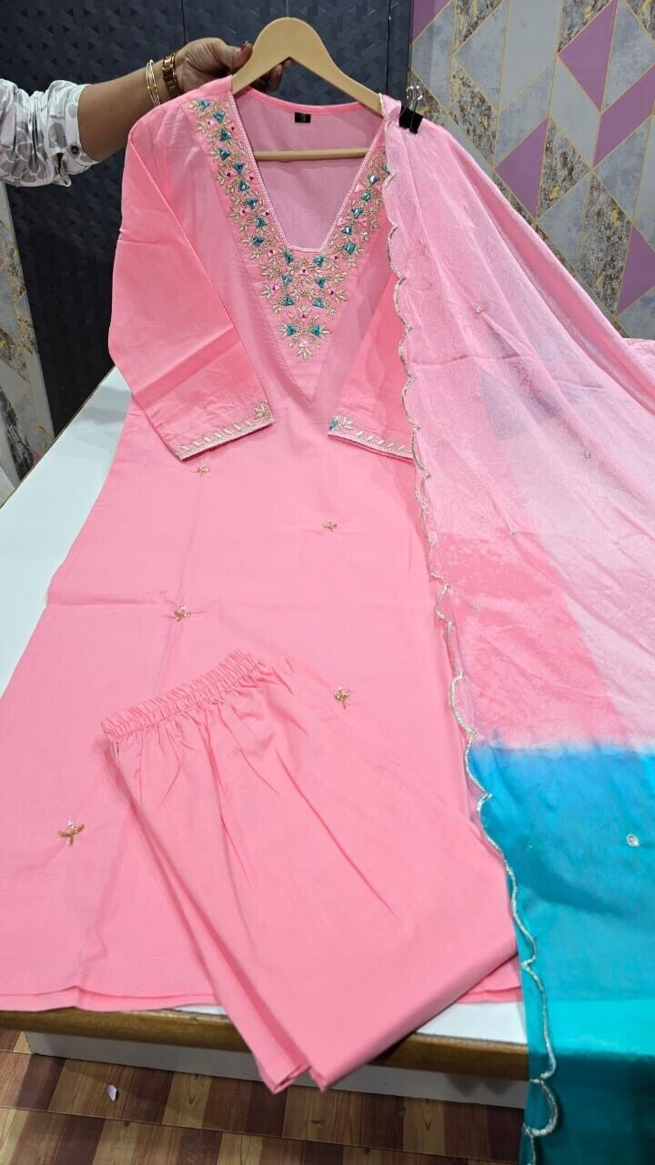 Women Cotton Straight Suit with Handwork – 3-Piece Set Salwar kameez
