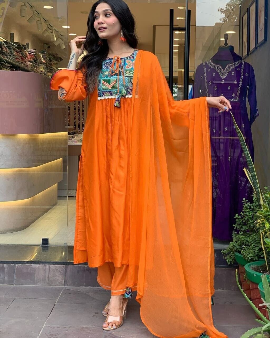 Women's Orange Anarkali Suit – Flared Gown Style, Stitched & Ready to Wear