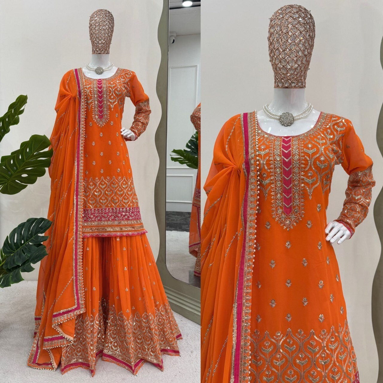 Faux Georgette Embroidered Zari Work  Sharara Suit Set with Embroidered Dupatta