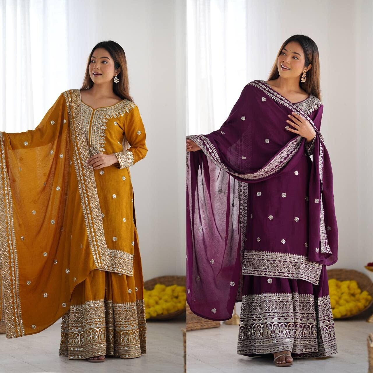 Chinnon Silk Punjabi Sharara Palazzo Salwar Kameez Set with Lace Border Dupatta