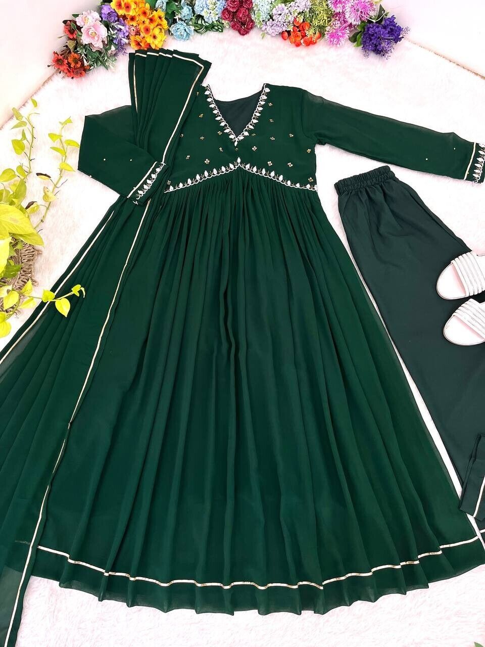 Solid Green Mehendi Outfit Women Indian Pakistani Anarkali Gown Set Georgette