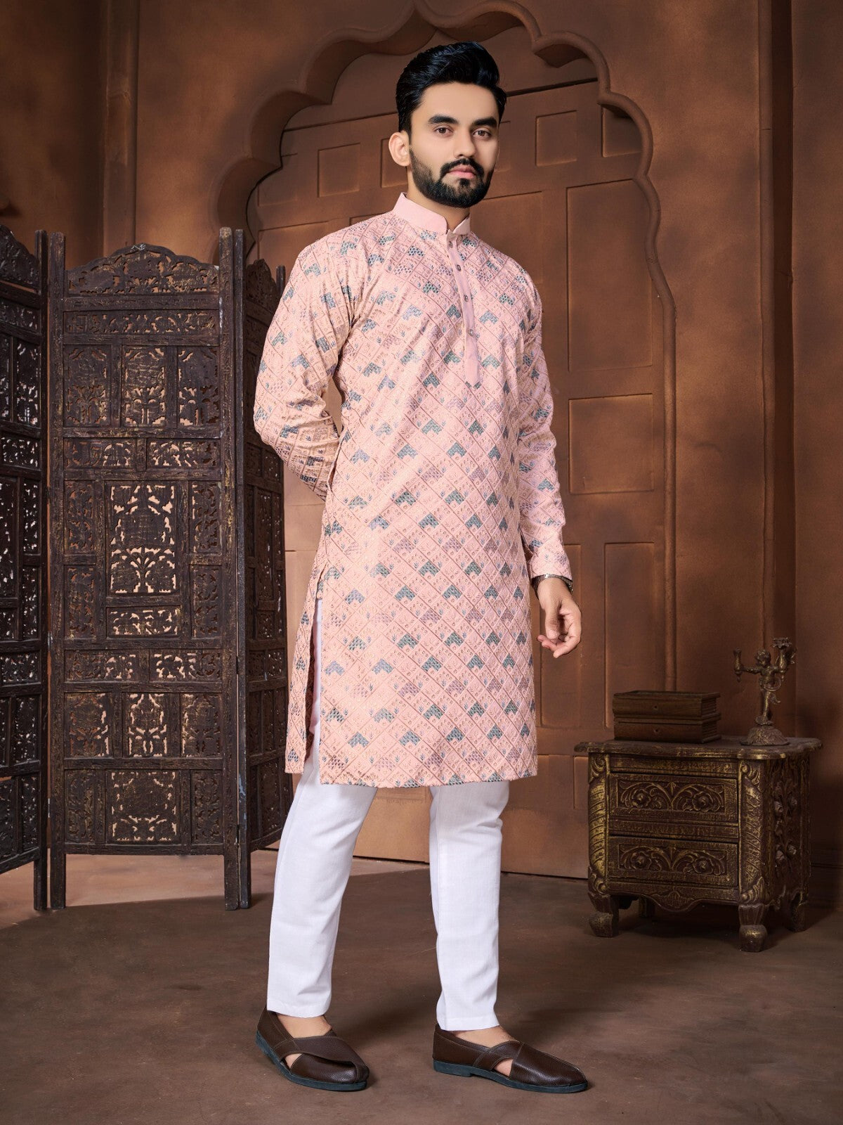 Traditional Men's Wedding Kurta Long  Embroidery & Cotton Pajama - Silk Bandhani