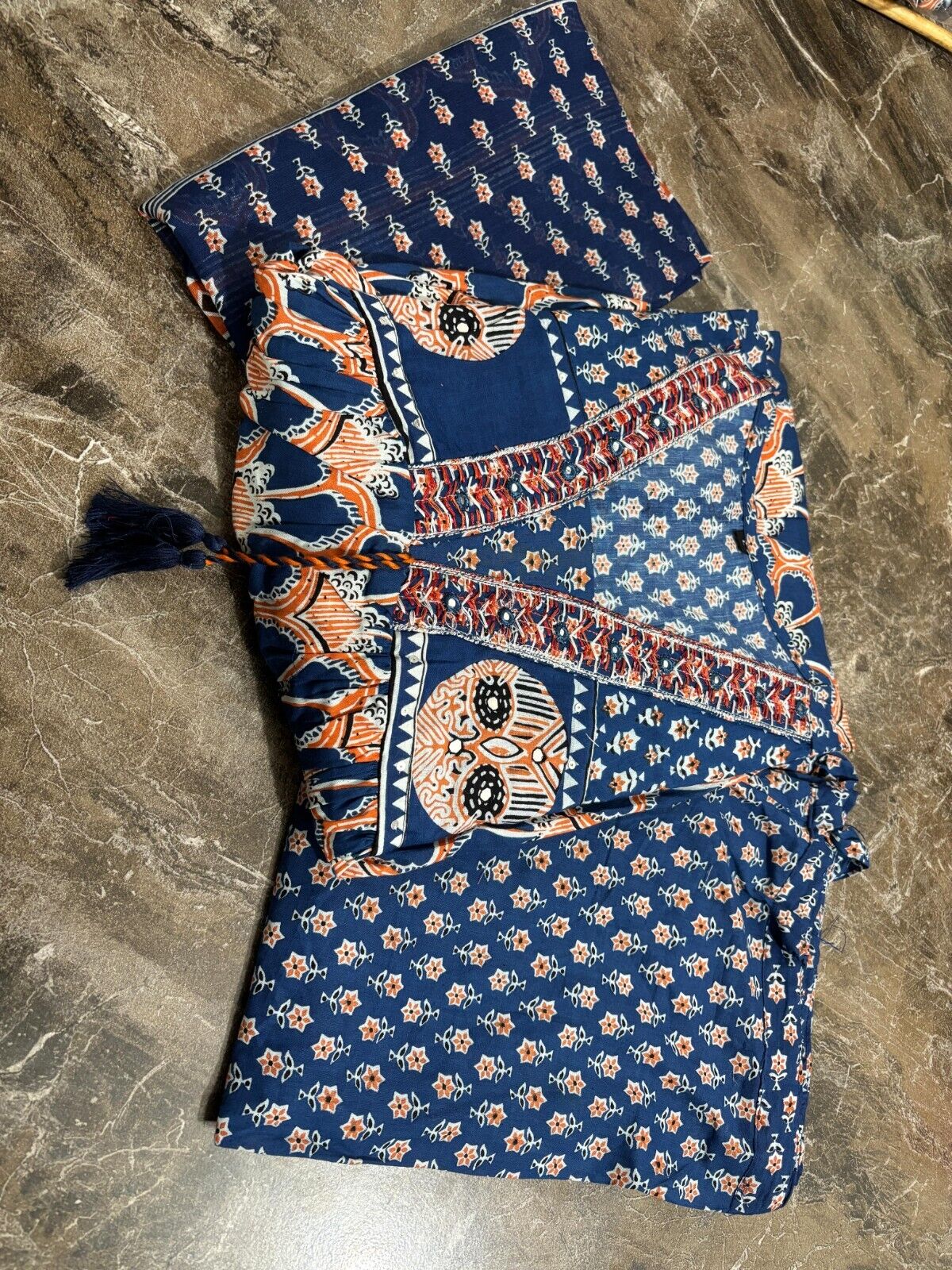 Women’s Blue Rayon Printed Anarkali Gown Set – Kurti, Pant & Dupatta (3-Piece Se