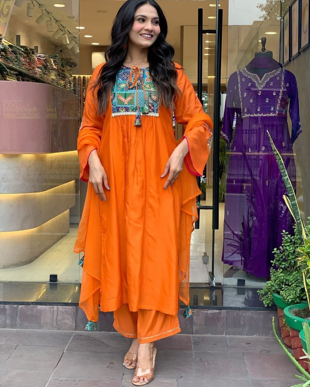 Women's Orange Anarkali Suit – Flared Gown Style, Stitched & Ready to Wear