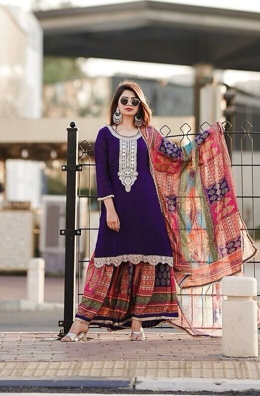 Elegant Chinon Silk Embroidered Sharara  Palazzo Suit Set – Party Wear Ensemble