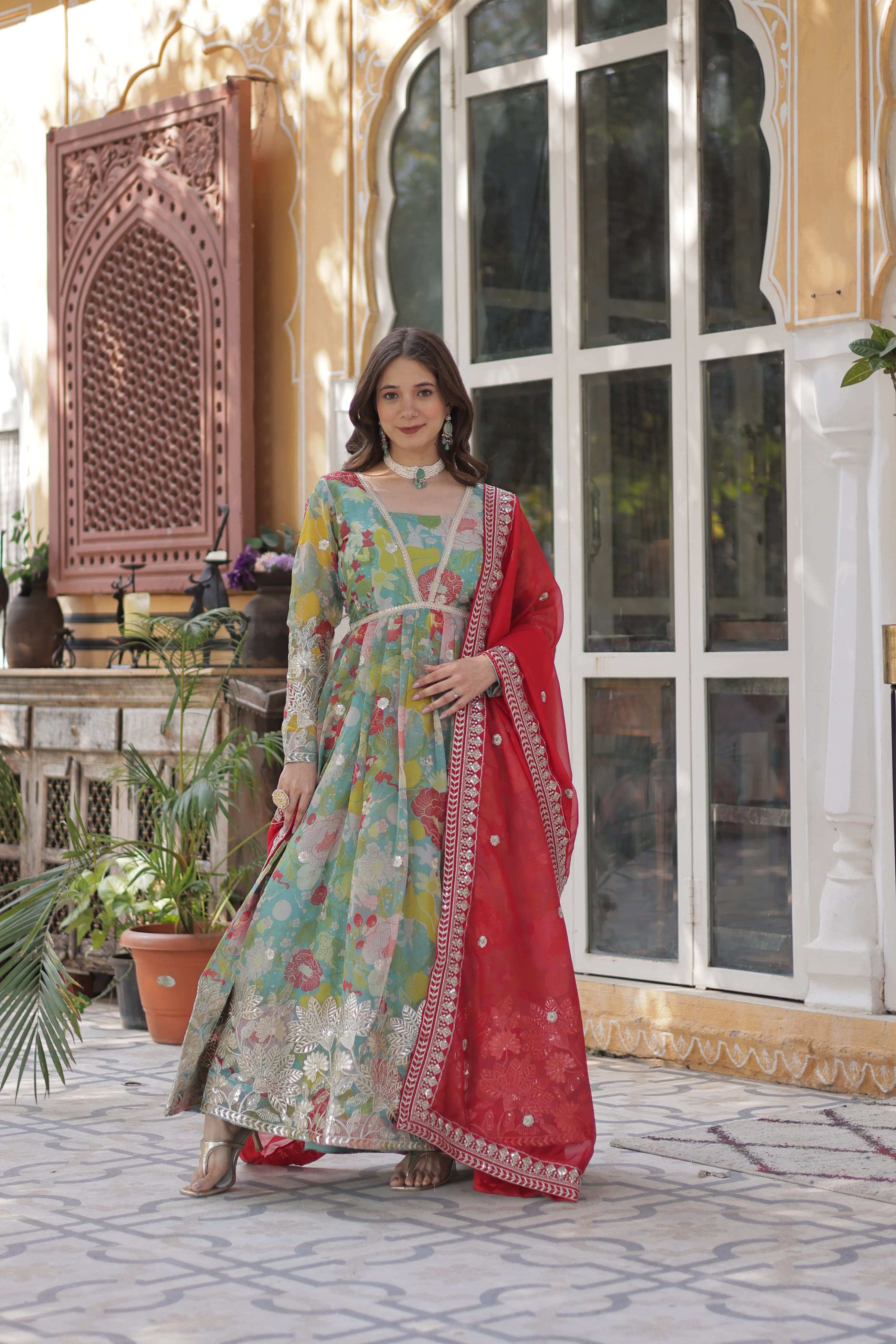 Alia Cut Gown in Russian Silk with Zari Embroidery and Dupatta