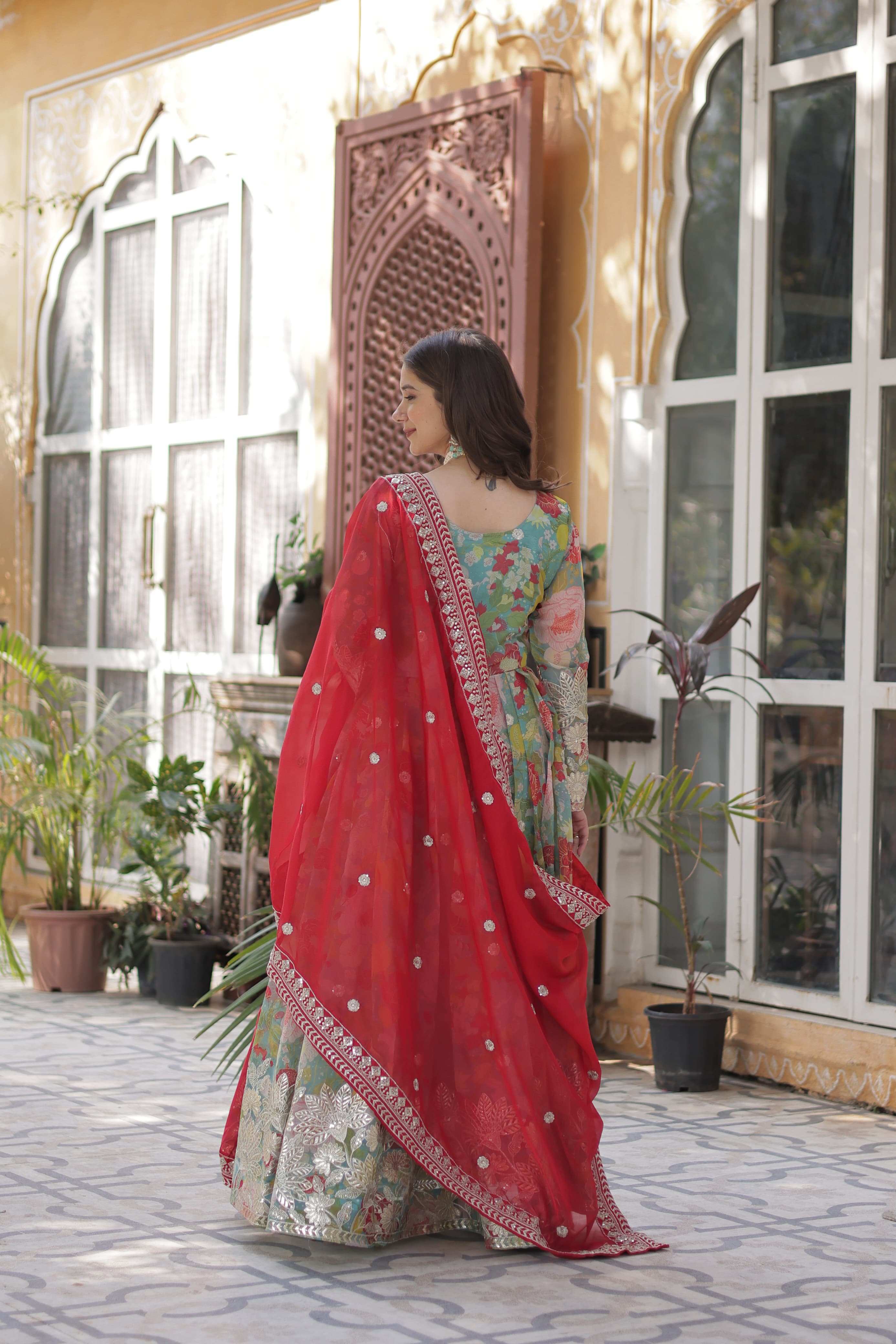 Alia Cut Gown in Russian Silk with Zari Embroidery and Dupatta