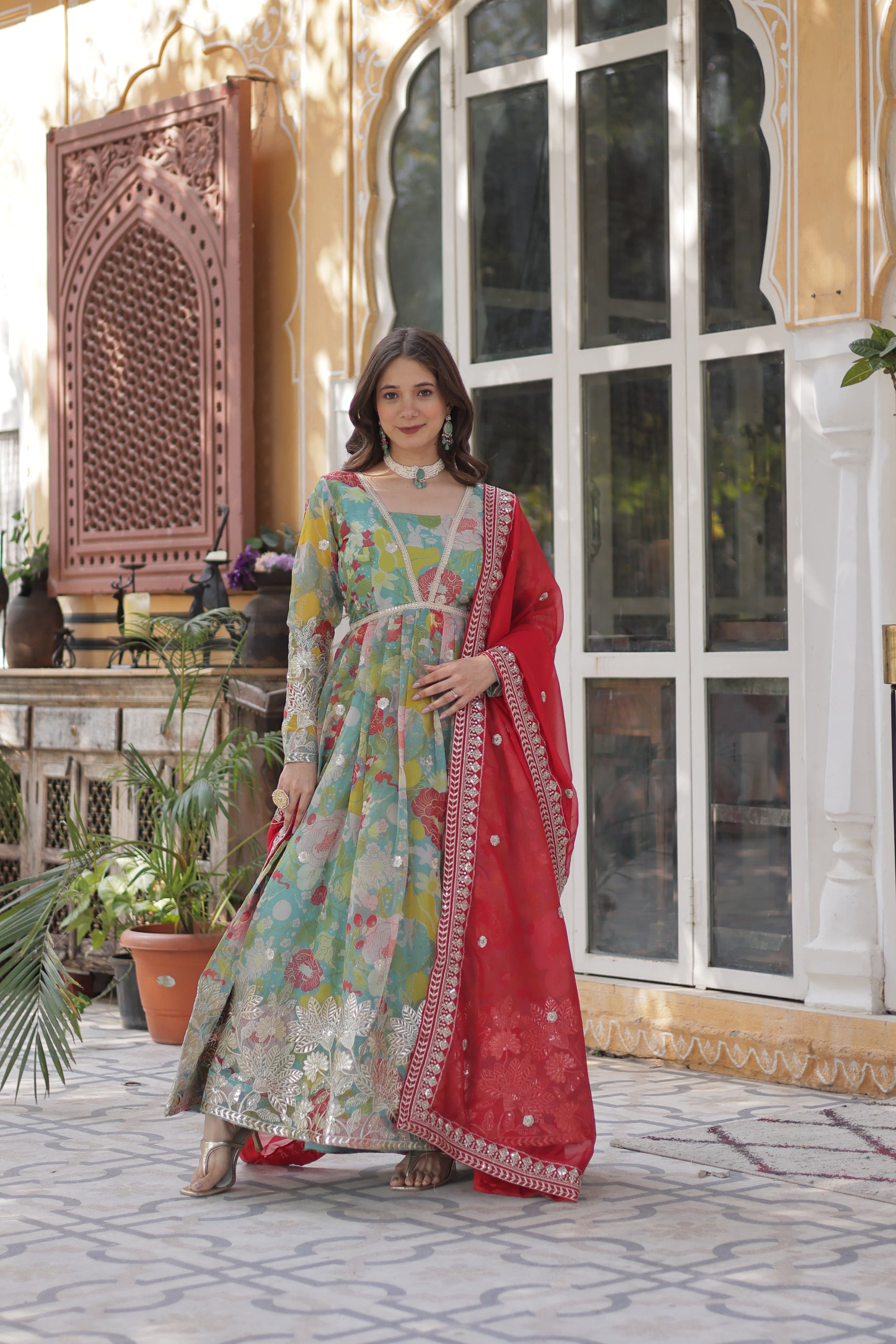 Alia Cut Gown in Russian Silk with Zari Embroidery and Dupatta
