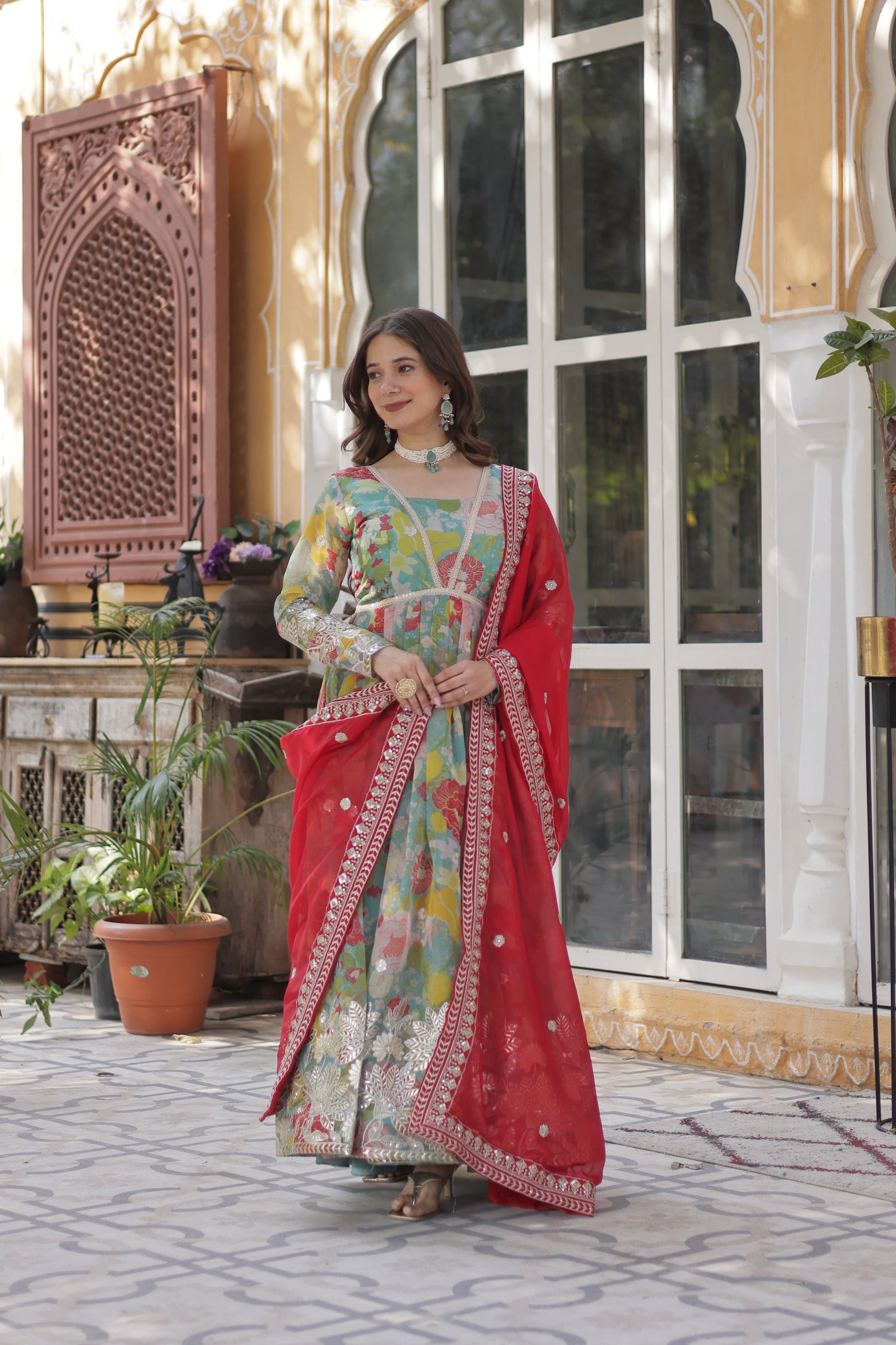 Alia Cut Gown in Russian Silk with Zari Embroidery and Dupatta