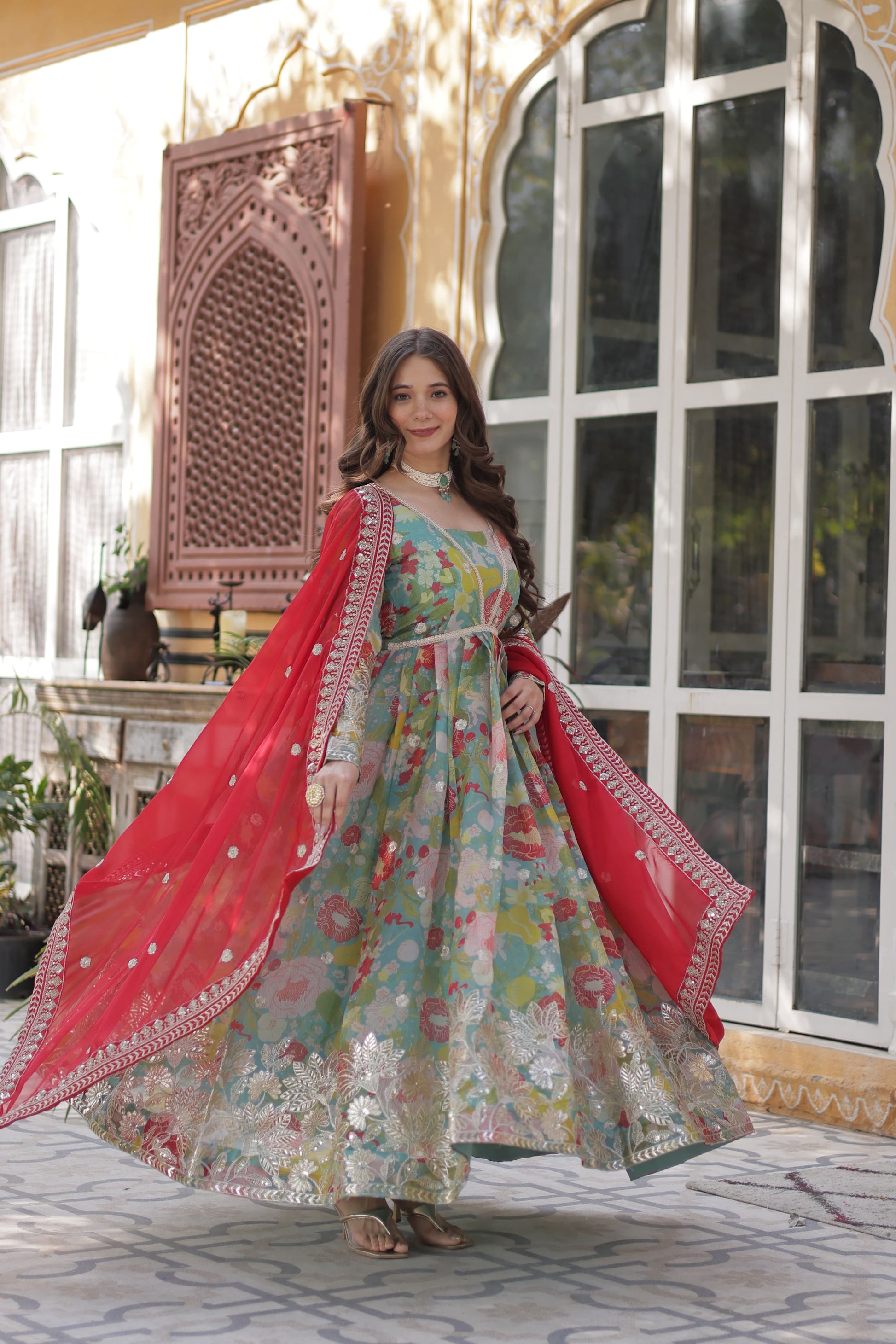 Alia Cut Gown in Russian Silk with Zari Embroidery and Dupatta