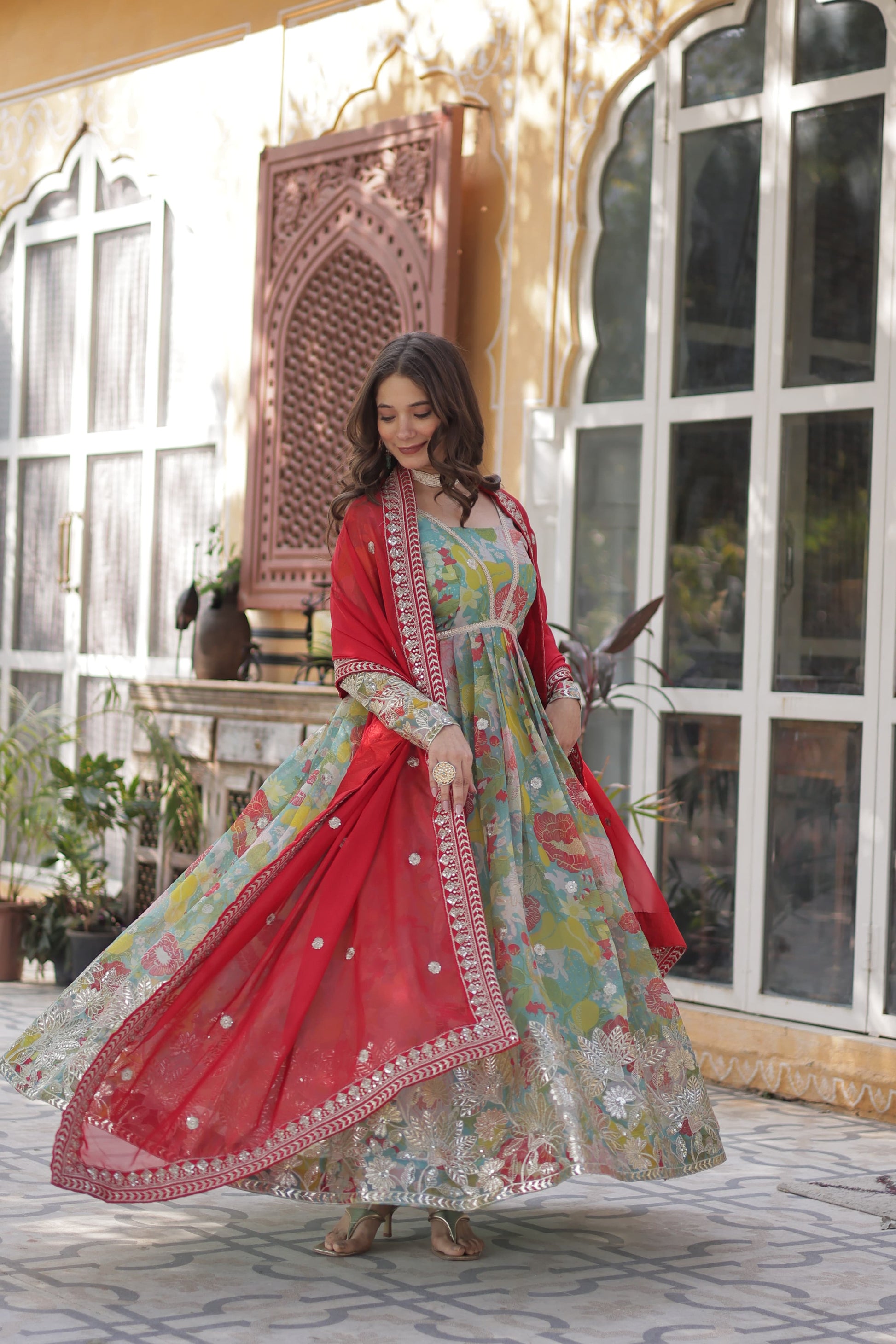 Alia Cut Gown in Russian Silk with Zari Embroidery and Dupatta