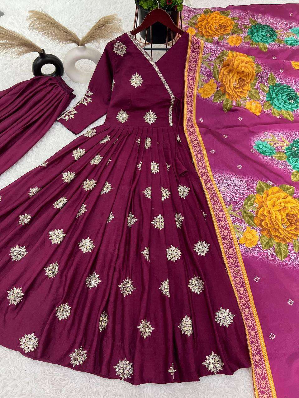 Chinnon Silk Flared Anarkali Gown pant Dupatta Indian Dress designer Stitched