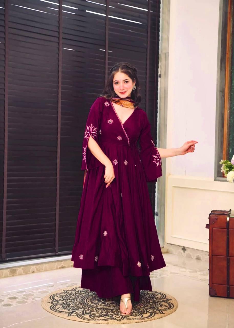 Chinnon Silk Flared Anarkali Gown pant Dupatta Indian Dress designer Stitched