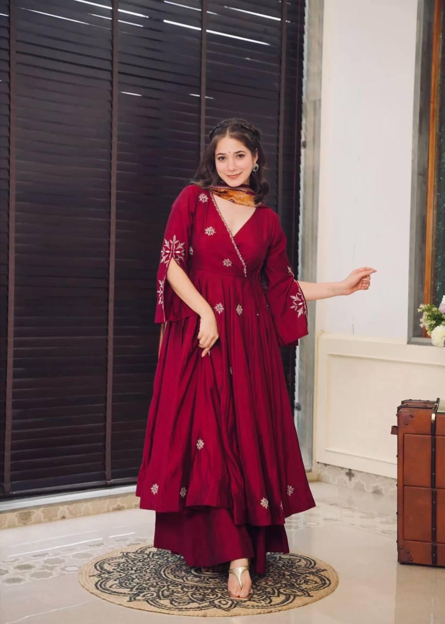 Chinnon Silk Flared Anarkali Gown pant Dupatta Indian Dress designer Stitched