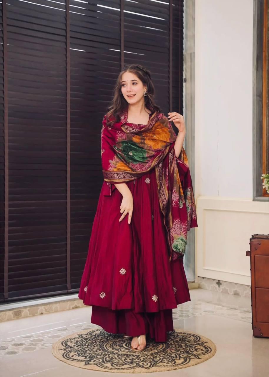 Chinnon Silk Flared Anarkali Gown pant Dupatta Indian Dress designer Stitched