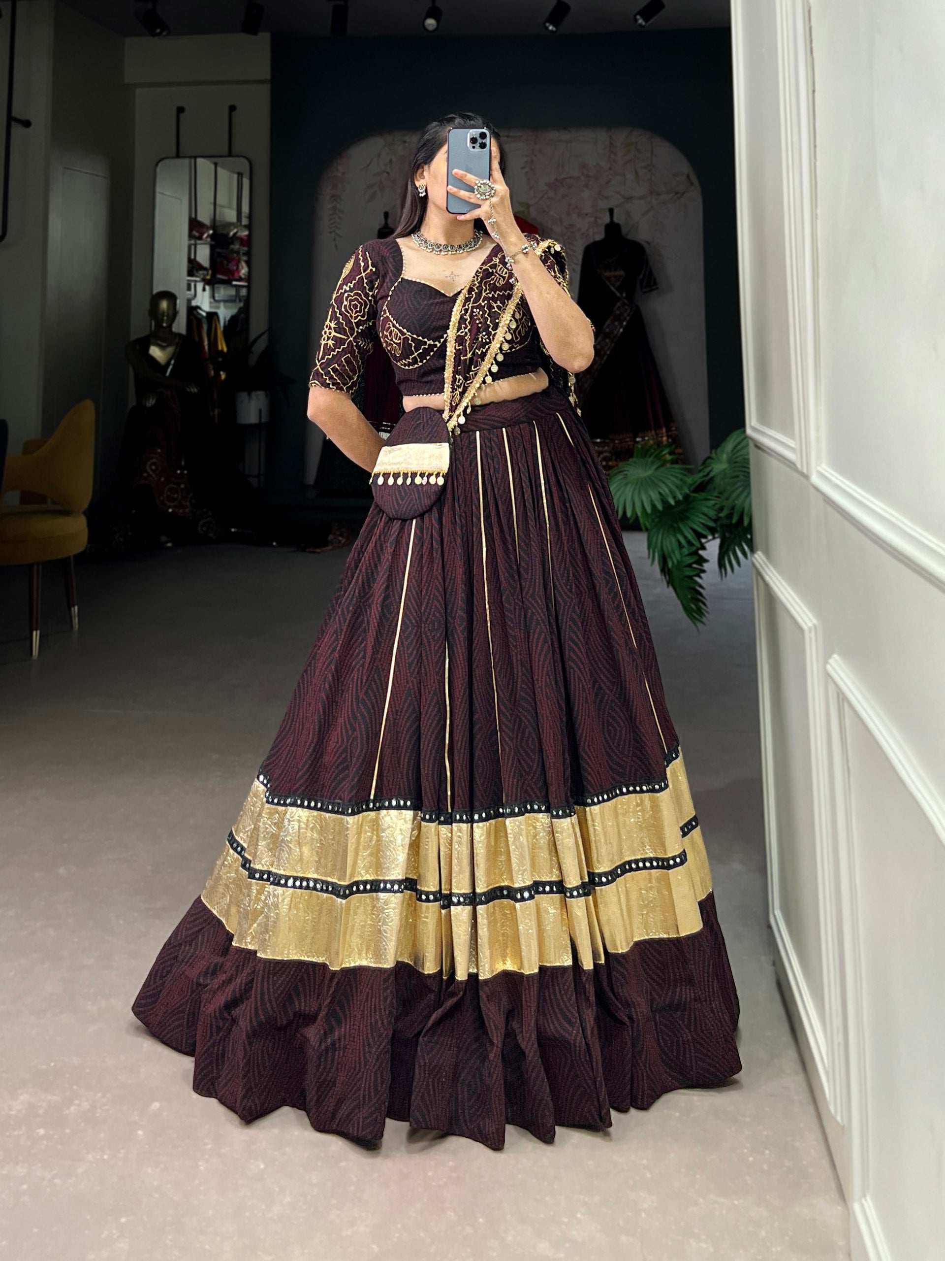 Party Wear Readymade Designer Embossed Georgette Lehanga With Mirror Lace