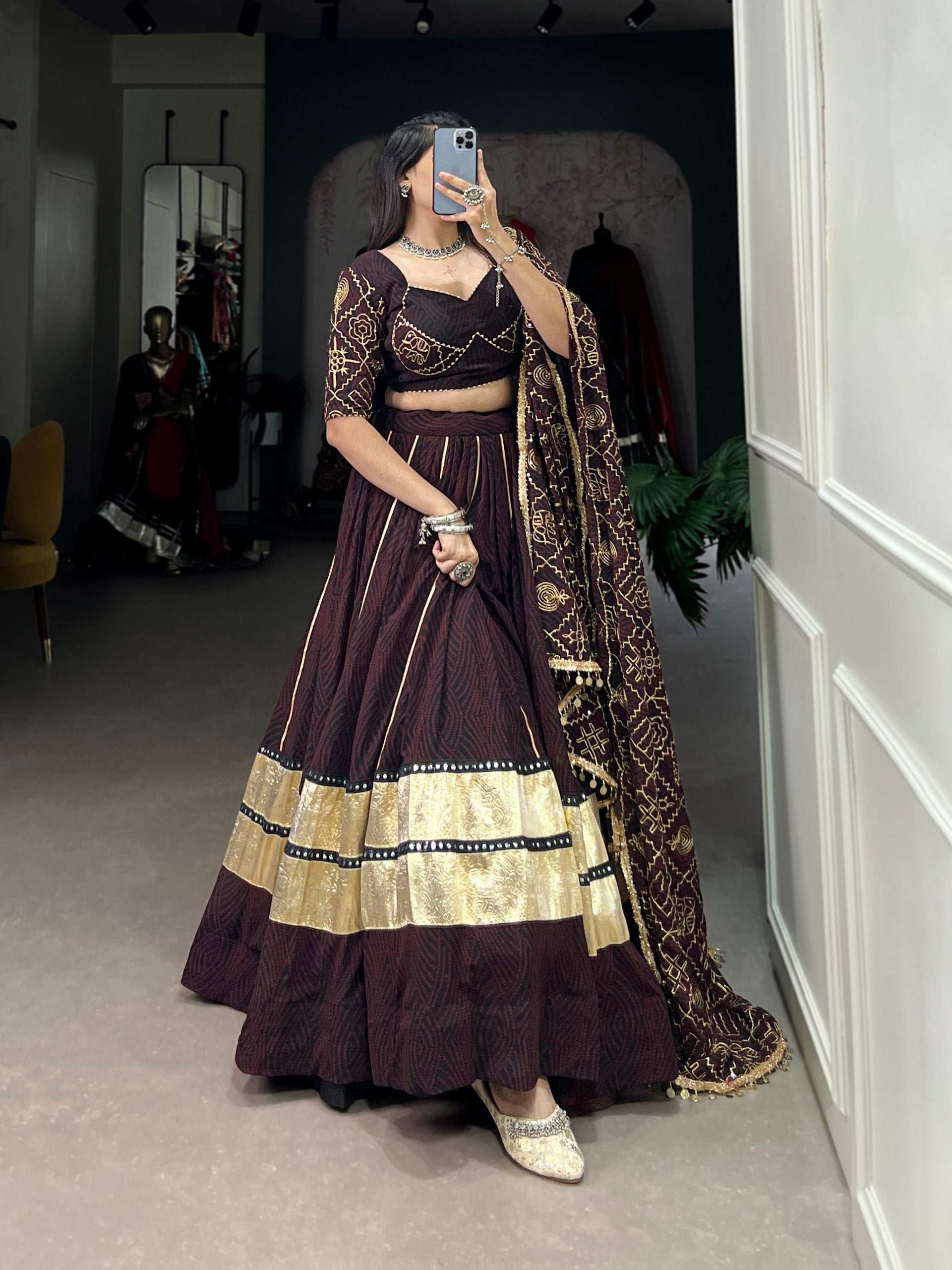 Party Wear Readymade Designer Embossed Georgette Lehanga With Mirror Lace