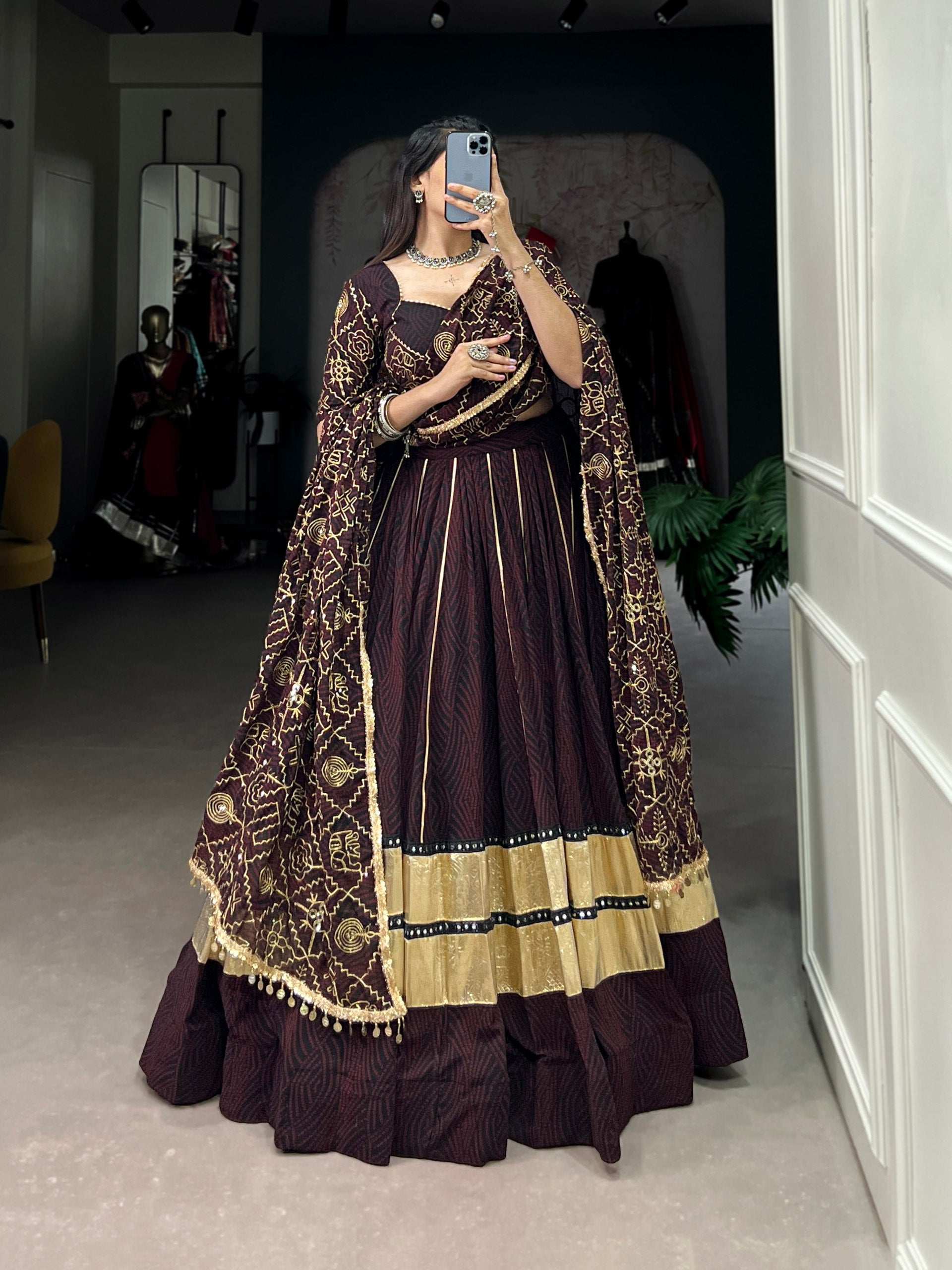 Party Wear Readymade Designer Embossed Georgette Lehanga With Mirror Lace