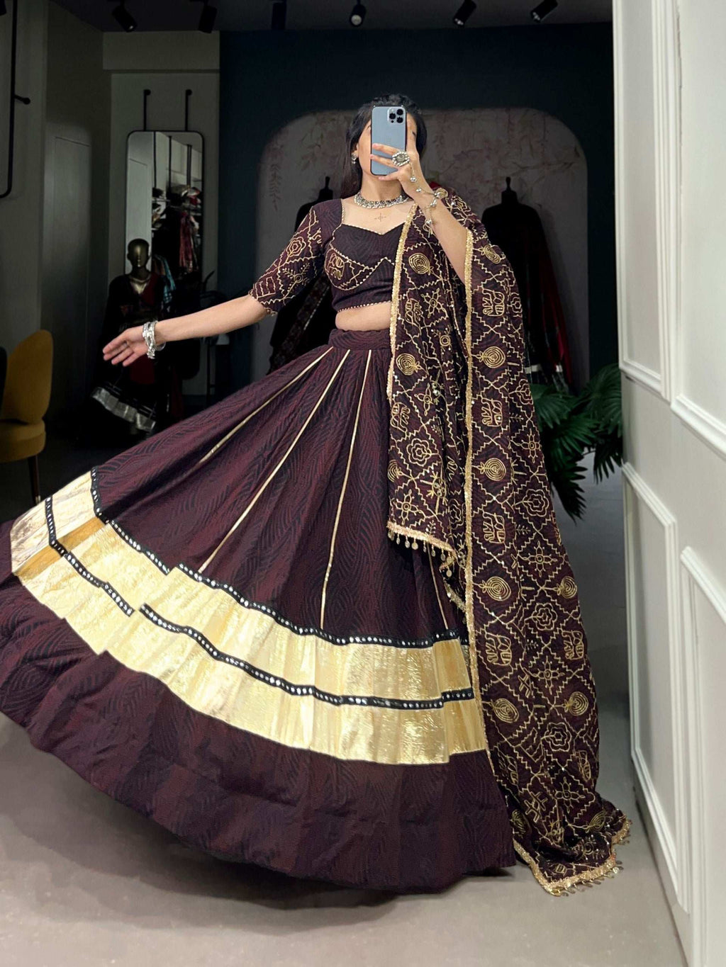 Party Wear Readymade Designer Embossed Georgette Lehanga With Mirror Lace