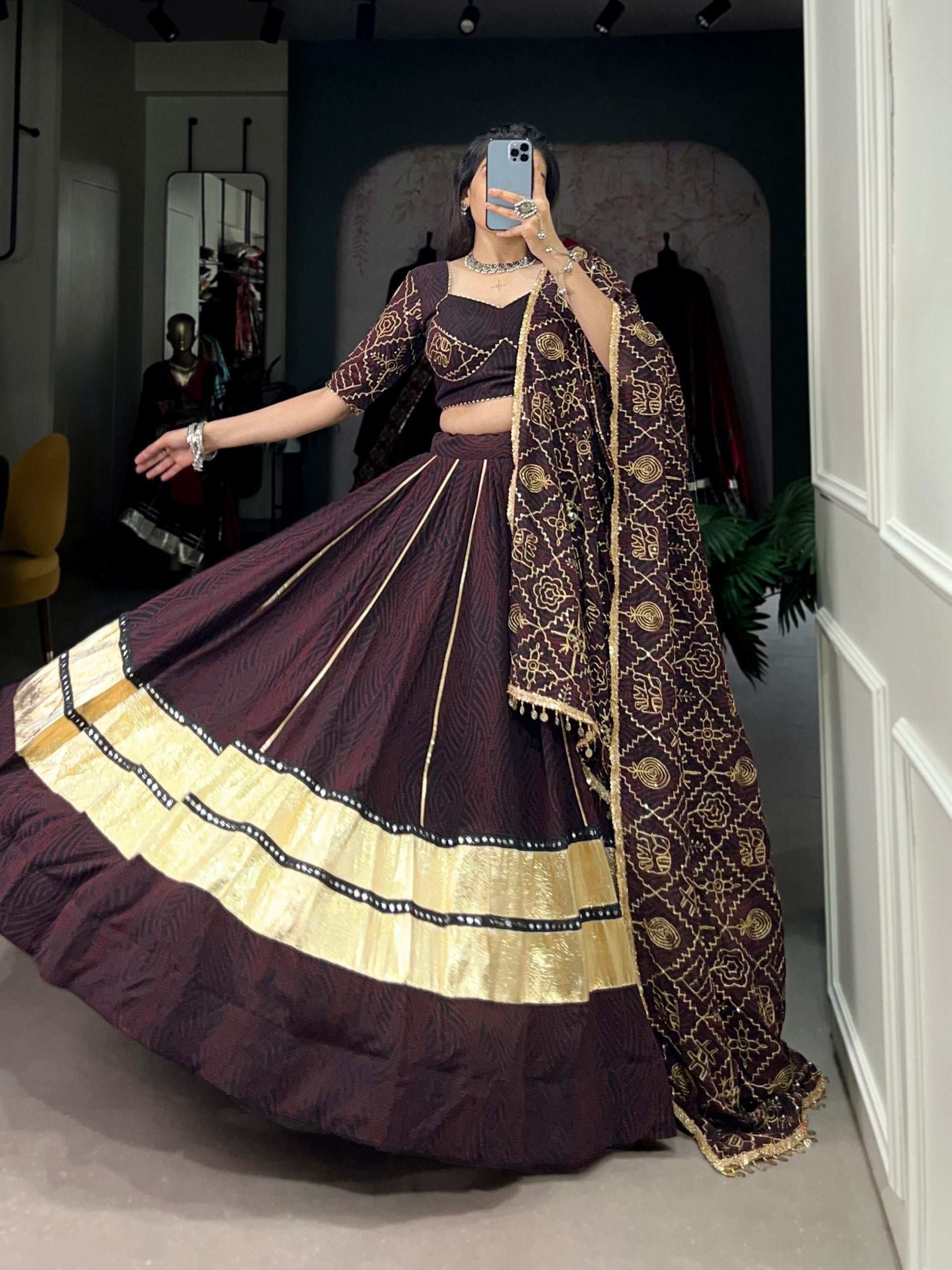 Party Wear Readymade Designer Embossed Georgette Lehanga With Mirror Lace