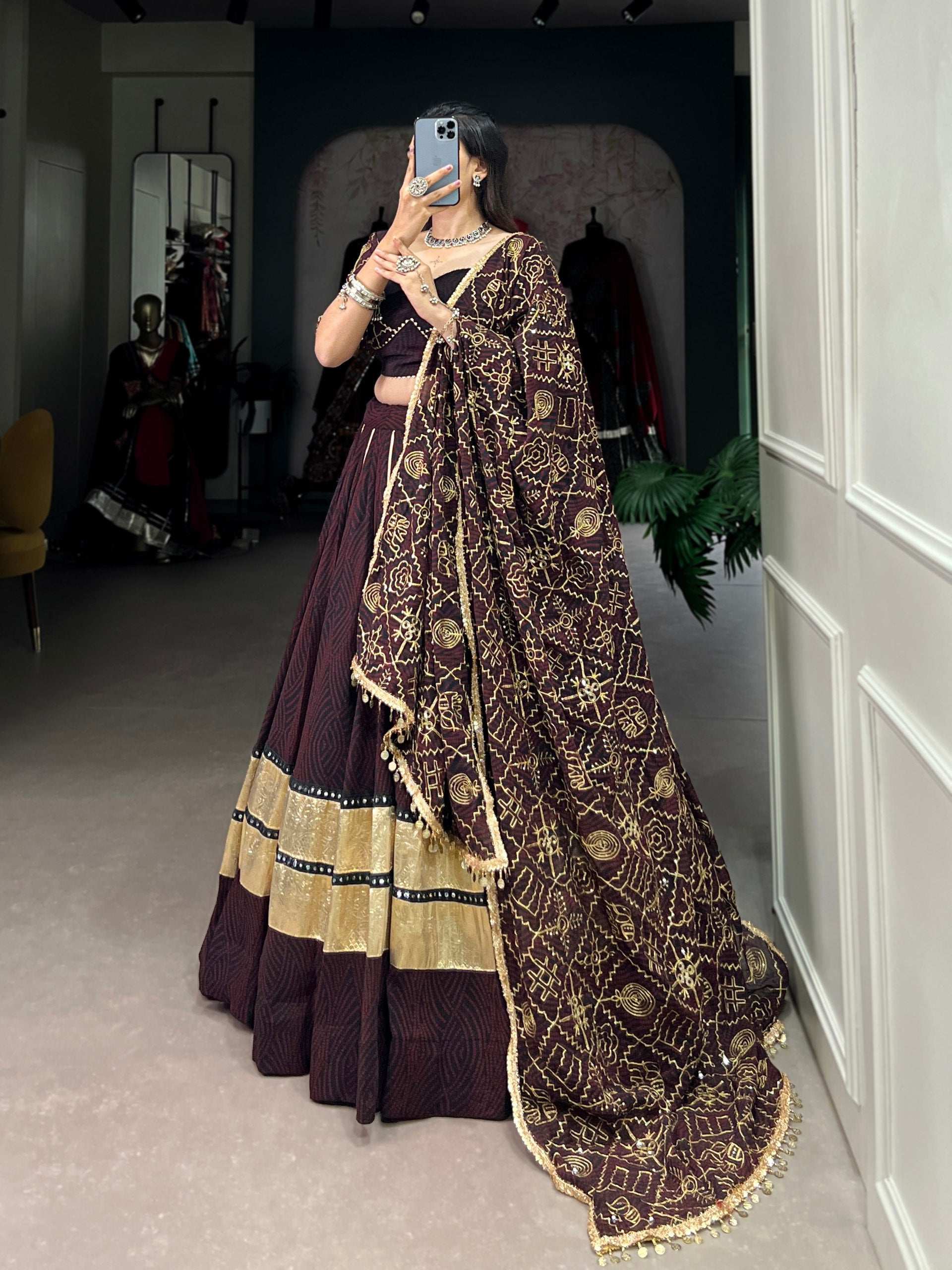 Party Wear Readymade Designer Embossed Georgette Lehanga With Mirror Lace