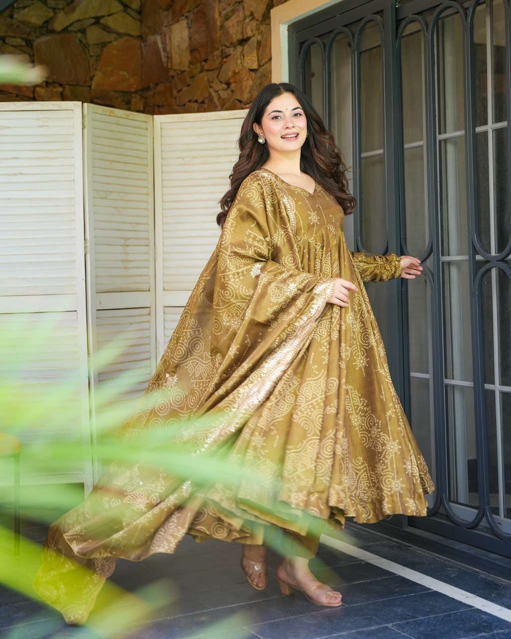 Heavy star Georgette Anarkali set with embroidered dupatta – front view, Full 9+ meter flair Anarkali gown with three-layer design, Detailed embroidery and lace border on dupatta, Side view of Anarkali with flowing flair, Inner micro cotton lining of gown, Fully stitched Anarkali dress with dupatta – S to XXL sizes, Ethnic festive gown set for women in Georgette fabric