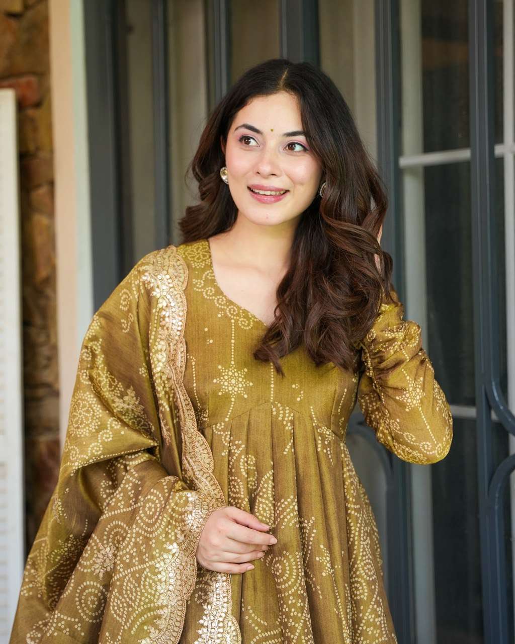 Heavy star Georgette Anarkali set with embroidered dupatta – front view, Full 9+ meter flair Anarkali gown with three-layer design, Detailed embroidery and lace border on dupatta, Side view of Anarkali with flowing flair, Inner micro cotton lining of gown, Fully stitched Anarkali dress with dupatta – S to XXL sizes, Ethnic festive gown set for women in Georgette fabric
