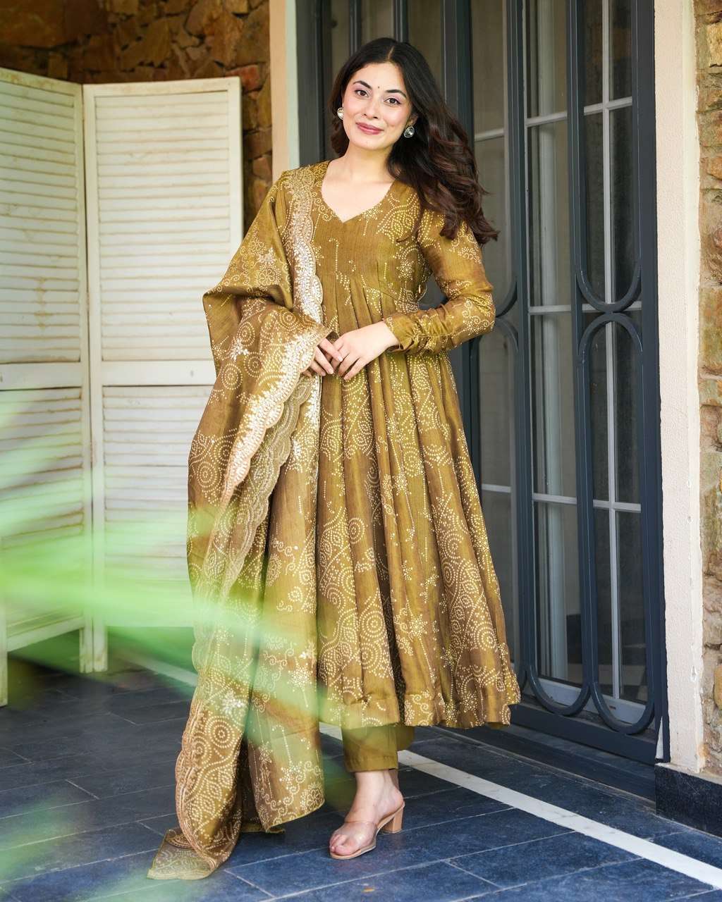 Heavy star Georgette Anarkali set with embroidered dupatta – front view, Full 9+ meter flair Anarkali gown with three-layer design, Detailed embroidery and lace border on dupatta, Side view of Anarkali with flowing flair, Inner micro cotton lining of gown, Fully stitched Anarkali dress with dupatta – S to XXL sizes, Ethnic festive gown set for women in Georgette fabric
