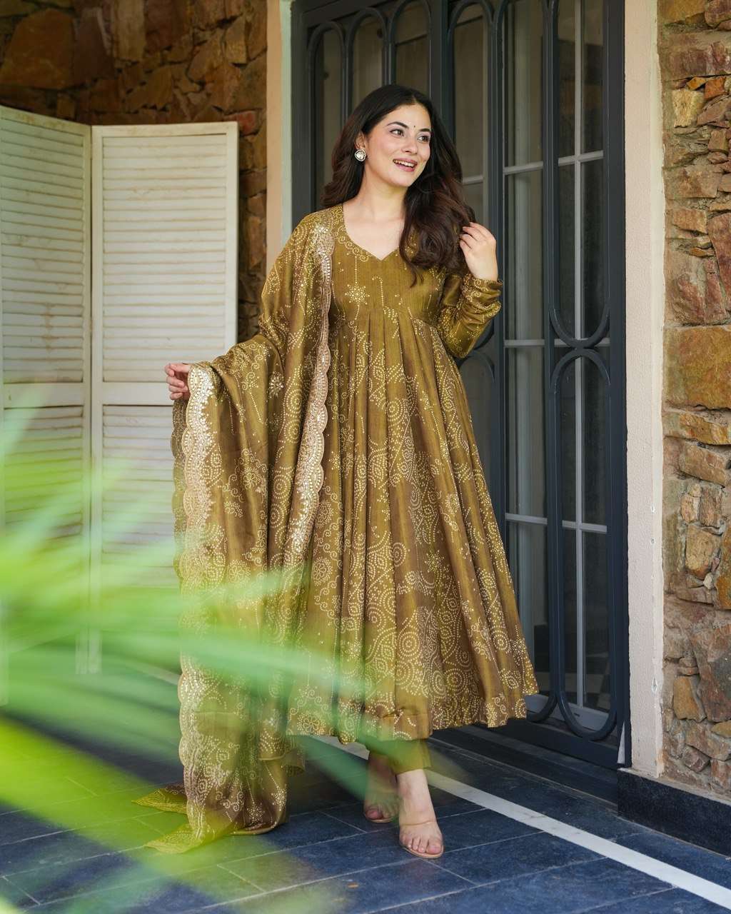 Heavy star Georgette Anarkali set with embroidered dupatta – front view, Full 9+ meter flair Anarkali gown with three-layer design, Detailed embroidery and lace border on dupatta, Side view of Anarkali with flowing flair, Inner micro cotton lining of gown, Fully stitched Anarkali dress with dupatta – S to XXL sizes, Ethnic festive gown set for women in Georgette fabric