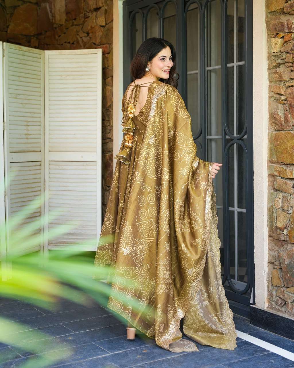 Heavy star Georgette Anarkali set with embroidered dupatta – front view, Full 9+ meter flair Anarkali gown with three-layer design, Detailed embroidery and lace border on dupatta, Side view of Anarkali with flowing flair, Inner micro cotton lining of gown, Fully stitched Anarkali dress with dupatta – S to XXL sizes, Ethnic festive gown set for women in Georgette fabric