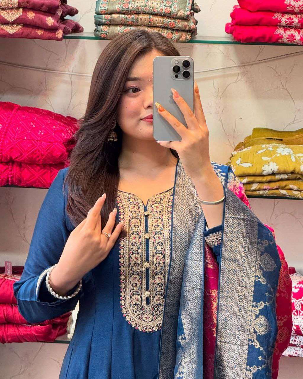 Blue Banarasi Silk Anarkali Gown Suit With Zari Work