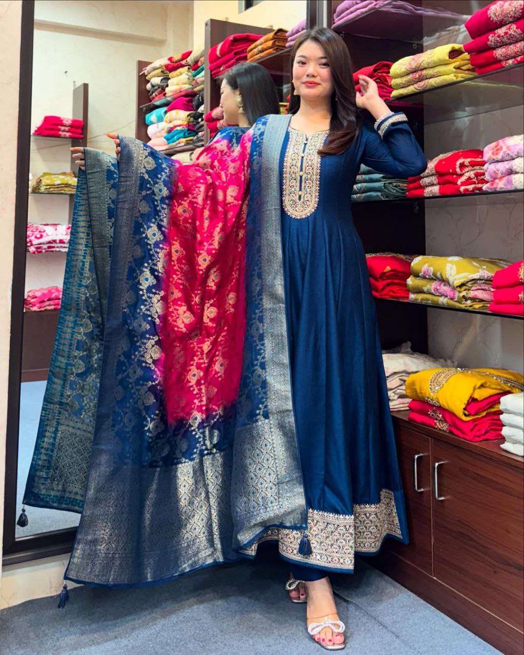Blue Banarasi Silk Anarkali Gown Suit With Zari Work
