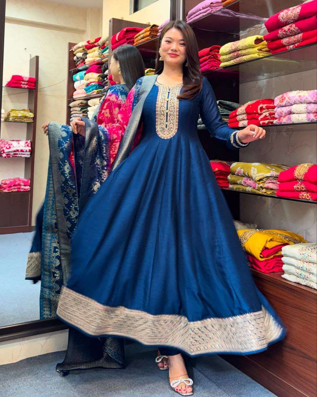 Blue Banarasi Silk Anarkali Gown Suit With Zari Work